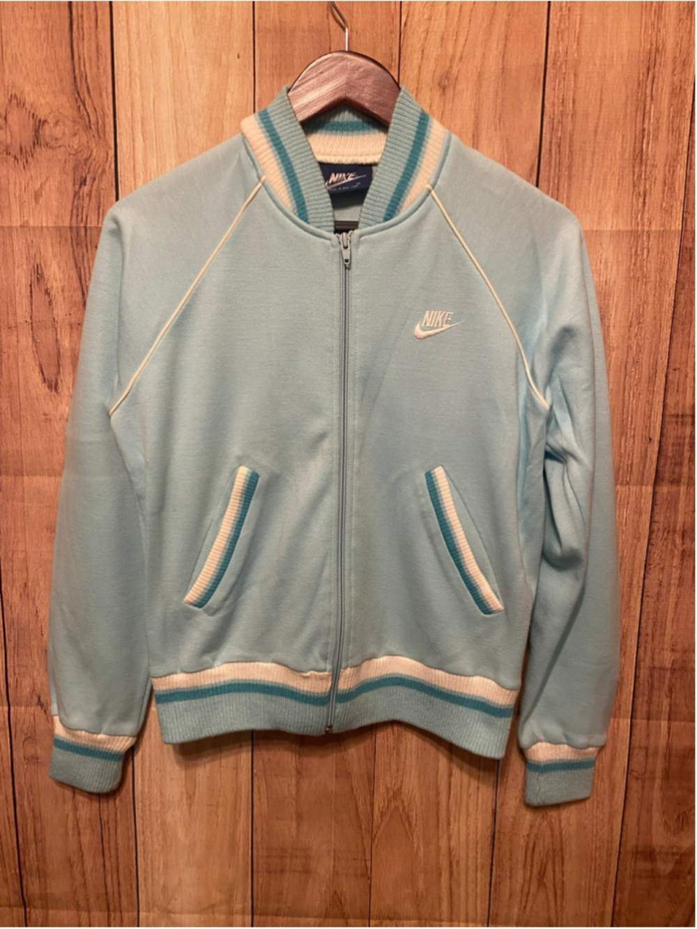Nike Medium Vintage Varsity Jacket Light Blue White athletic women’s Y2K